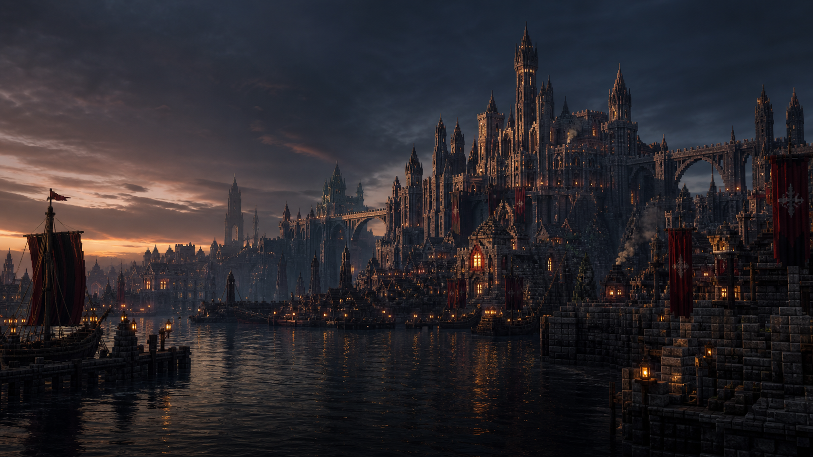 The torchlit harbor and citadel of Worldheart at dusk